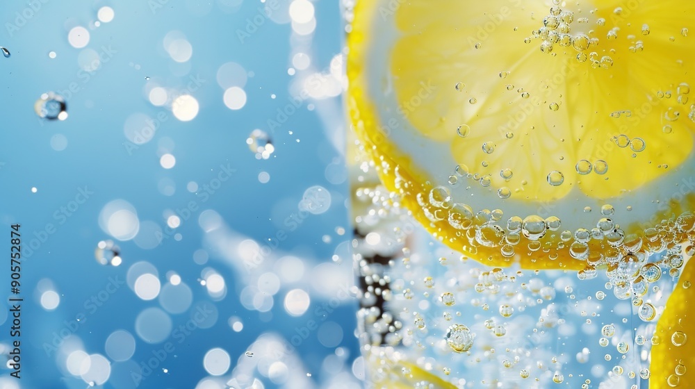 Poster refreshing sparkling water with lemon slices background