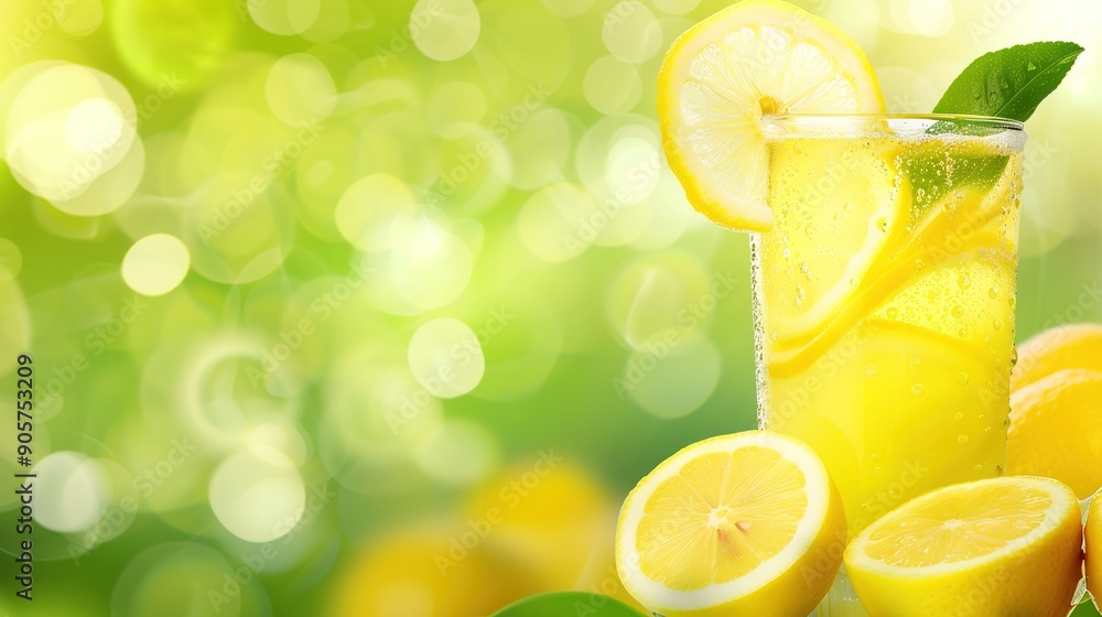 Poster refreshing lemonade with fresh lemon slices on light background