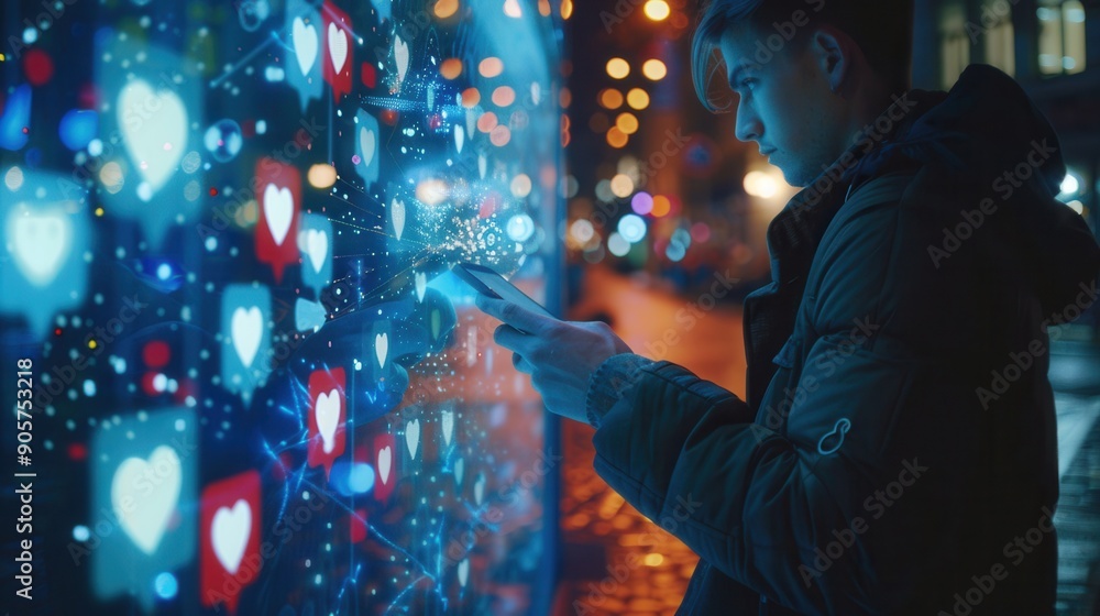 Poster a man is actively using his smartphone in an urban environment, surrounded by vibrant social media i