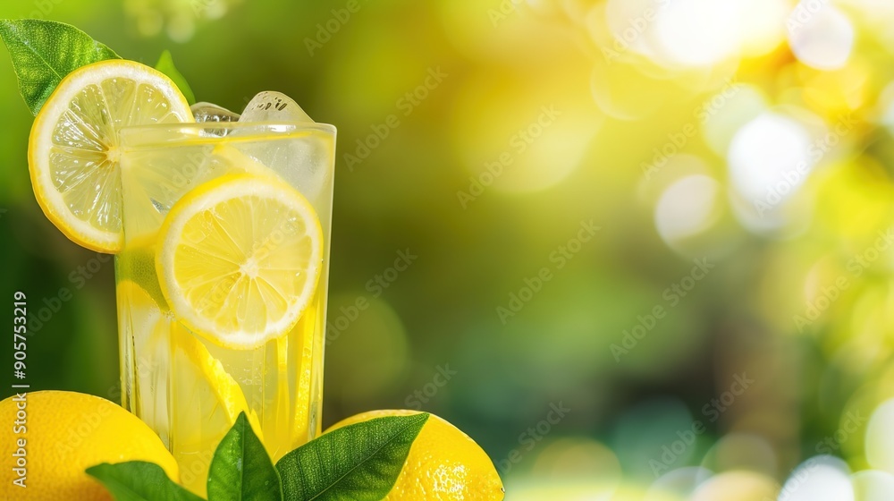 Poster fresh lemonade with slices of citrus - refreshing drink on clean background