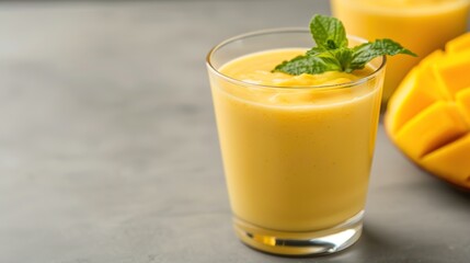 Fresh Mango Lassi with Mint Garnish on a Vibrant Background