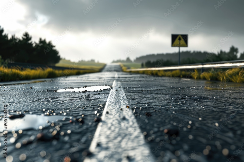 Poster a wet road with a sign on the side of it