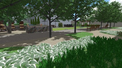 3d image of the landscape design of the home territory. Landscaping of the territory. Computer visualization of composite landscaping and landscaping solutions.