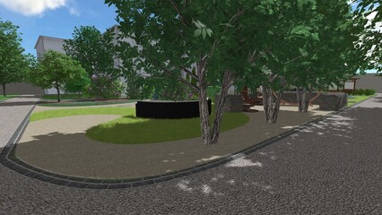 3d image of the landscape design of the home territory. Landscaping of the territory. Computer visualization of composite landscaping and landscaping solutions.