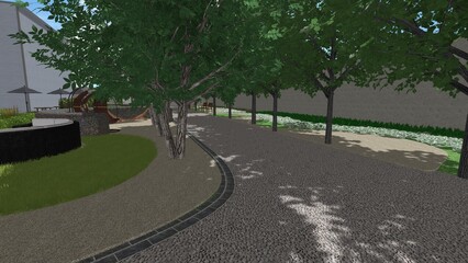 3d image of the landscape design of the home territory. Landscaping of the territory. Computer visualization of composite landscaping and landscaping solutions.