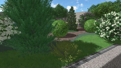 3d image of the landscape design of the home territory. Landscaping of the territory. Computer visualization of composite landscaping and landscaping solutions.