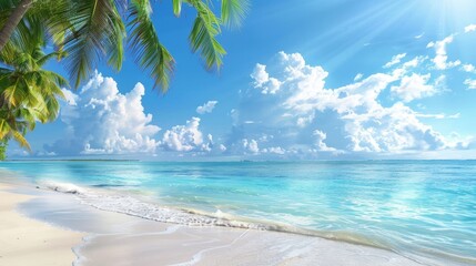 Fototapeta premium Palm Tree Paradise A View of Tranquil Beach and Blue Skies, palm tree, beach, tropical, ocean