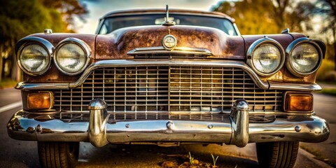 Obraz premium Vintage Chrome Grille and Headlights, Closeup, Old Car, Rust, Classic Car, Front View, Headlights