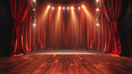 Red Velvet Curtains with Stage Lights on Wooden Floor, curtains , stage , spotlight , theater