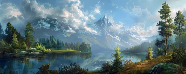 Serene Mountain Lake with Dramatic Clouds, Digital Painting, Landscape, Nature, Reflection, Mountain , mountain lake