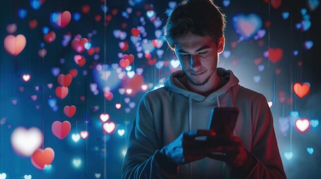 A young man uses his smartphone while colorful likes icons float around him in a vibrant digital atmosphere at night. Generative AI