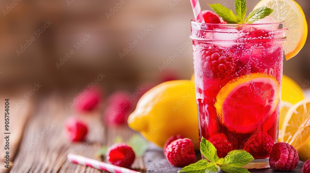 Poster refreshing raspberry lemonade with ice on cool background