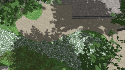 3d image of the landscape design of the home territory. Landscaping of the territory. Computer visualization of composite landscaping and landscaping solutions.