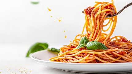 A plate of spaghetti with a fork in it. The spaghetti is covered in sauce and topped with basil