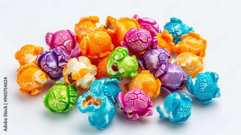 Poster a pile of colorful popcorn with a turtle on it. the popcorn is in various colors and shapes, includi
