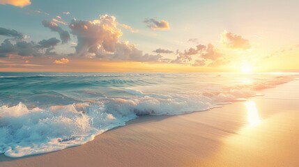 Fototapeta premium A high-quality image of a serene beach at sunset with ample space in the sky for text. Ideal for marketing, travel, and inspirational content. AI generated image.