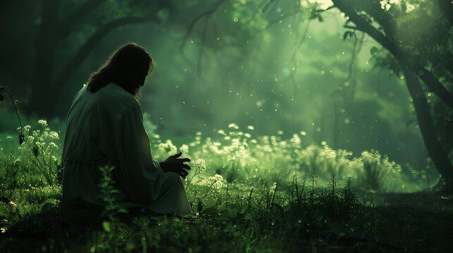 Silhouette of Jesus in intense prayer and supplication before betrayal and crucifix in the garden of Gethsemane, copy space , prayer ministry, supplication,. Thy kingdom come. Thy will be done, 