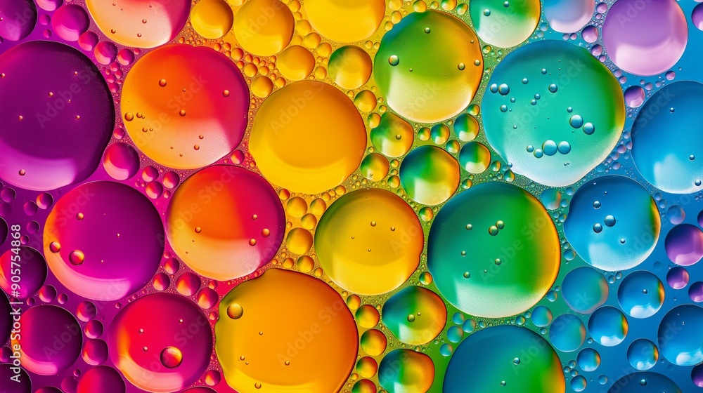 Poster a colorful image of many small bubbles in various colors. the bubbles are floating in a liquid, crea