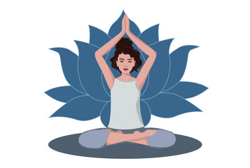 Brown brunette hair woman meditating with a flower behind. Female cartoon character demonstrating various meditation positions isolated on light background. Colorful flat illustration for spiritual