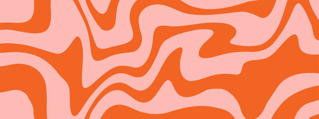 Groovy Waves Background. Psychedelic Abstract Wavy Curves Vector Pattern in 1970s Hippie Retro Style for Print on Textile, Wrapping Paper, Web Design, and Social Media. Red and Orange Colors