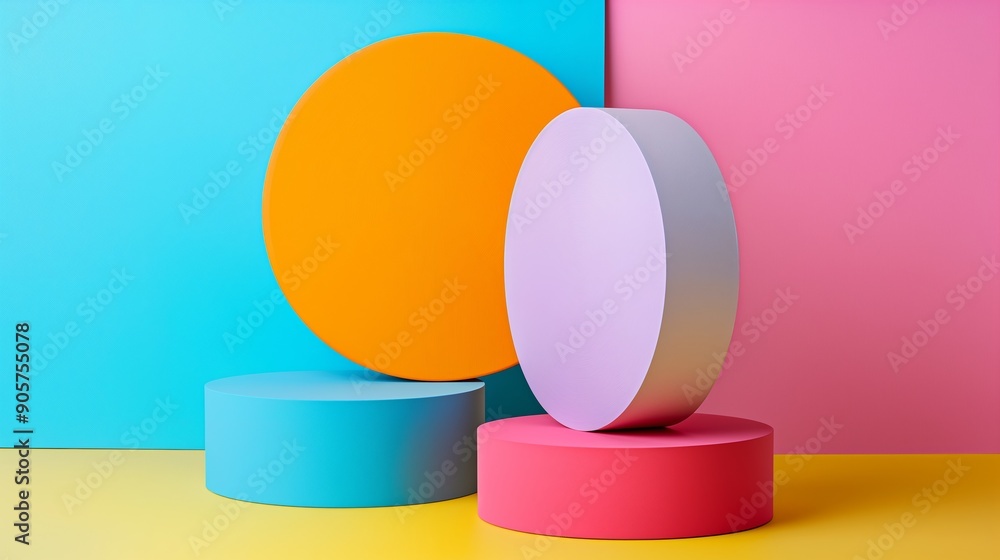 Poster a set of three colorful geometric shapes, including a large orange circle, are arranged on a yellow 