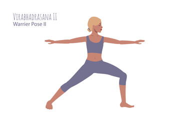 Blonde woman in violett lavender outfit in a yoga pose. Female cartoon character demonstrating various yoga positions isolated on light background. Colorful flat illustration for spiritual, yoga