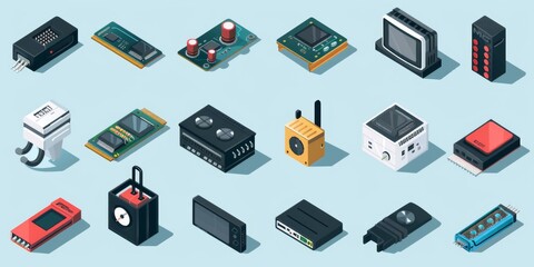 Isometric Vector Illustration of Electronic Component Icons, a Modern Collection for Tech Enthusiasts and UI Designers.