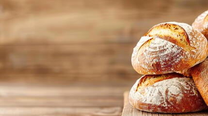 Rustic Artisanal Bread Loaves Displayed on Wooden Table in Bakery Setting
