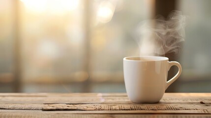 Obraz premium Morning Bliss: Steaming Hot Coffee on Rustic Wooden Table with Soft Focus Steam, Cozy Aesthetic for Relaxing Morning Vibes