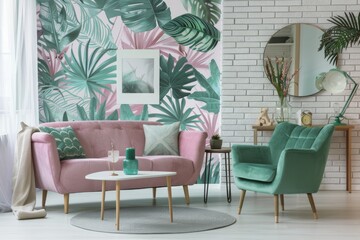 Green living room interior with leaves wallpaper and table and chair. Real photo.