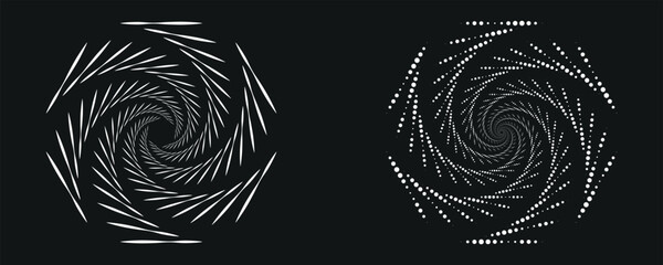 Modern abstract background. Halftone dots in circle form. Spiral logo, icon or design element. Black dots on a white background and white dots on the black side.
