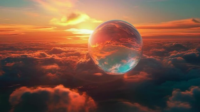A mesmerizing sunset view above the clouds features a reflective floating bubble. The sky hues transition from orange to pink. A serene and magical evening with sunrays illuminating the clouds.