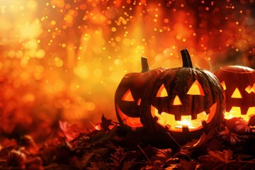 Fototapeta premium Halloween Jack-o’-Lanterns Glowing in Autumn Leaves at Night