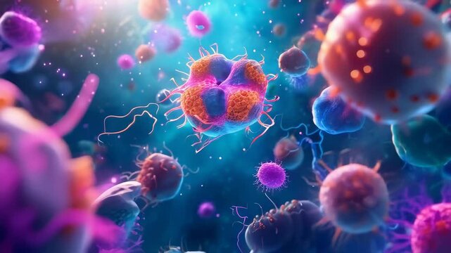 A detailed view shows various microbes and bacteria floating in a colorful, vibrant environment. The scene is bright, filled with organisms in different shapes and colors. The visual is captivating