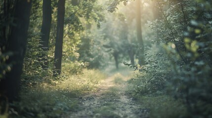 Obraz premium A high-quality image of a tranquil forest path with a blurred background, perfect for placing text. This serene and inviting scene can be used for inspirational quotes,. AI generated image.