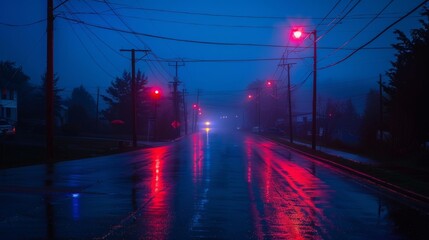 Neon lights on a dark city street, reflecting neon light on water and puddles. Abstract night background, blurred bokeh light.