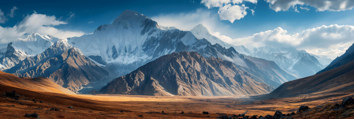 Obraz premium Snowy high mountain range with lifeless foothills. AI generated
