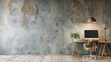 A high-quality image of a modern professional workspace with a clean wall, perfect for adding text. Ideal for business presentations, marketing, and office-related content. AI generated image.