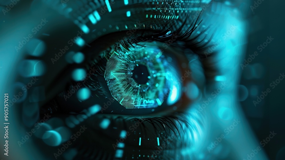 Poster futuristic biometric scanning interface with fingerprints and retina scans on technology background 