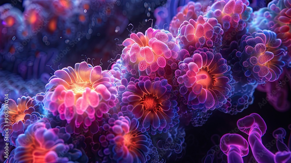 Poster surrealism in neon luminous biomorphic forms at dusk in a digital wonderland