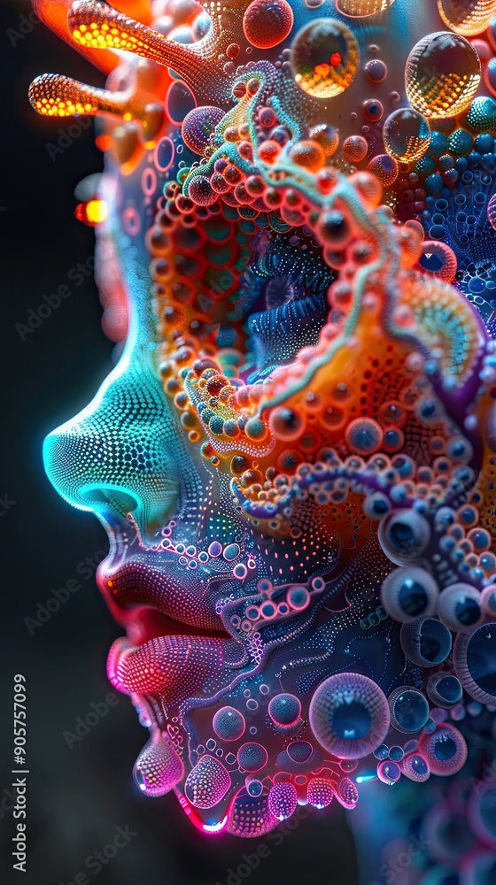 Aufkleber luminous colorful biomorphic form reflecting surreal grotesque characteristics in digital art at nig