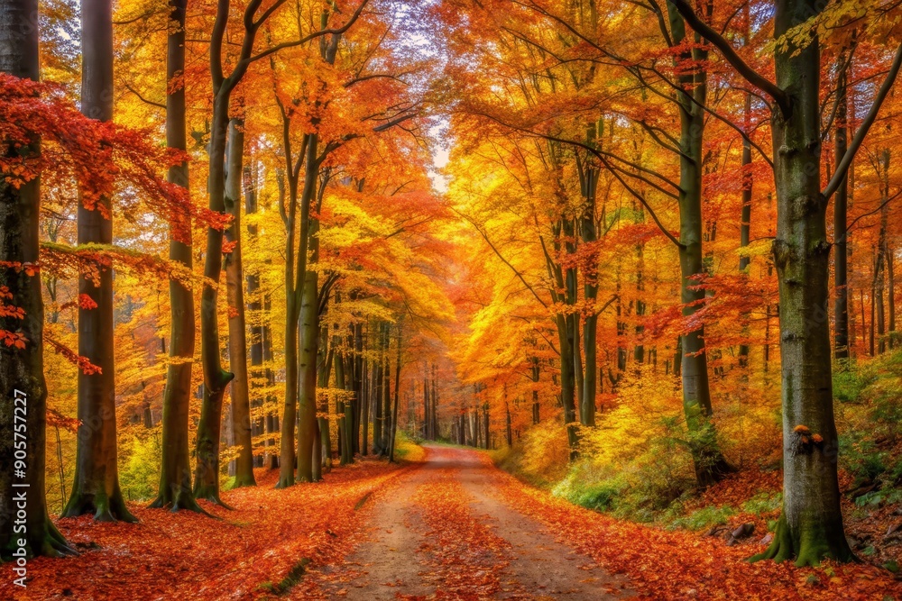 Wall mural Golden autumn path through a sun-kissed forest