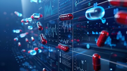 Digital Medicine Pills in Flight, Blue and Red Capsules, Medical Technology, Medical Data, Digital Health, Medical Innovation, Healthcare