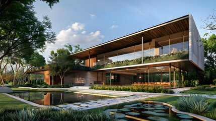 Obraz premium Modern Architectural Masterpiece with Expansive Glass Windows and Natural Material Facade