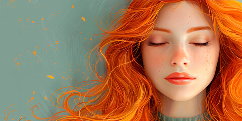 Obraz premium Close-up of a serene red-haired woman with closed eyes on a green background with orange accents. Perfect for beauty and wellness brands, promoting natural beauty, self-care, celebrating Redhead Day