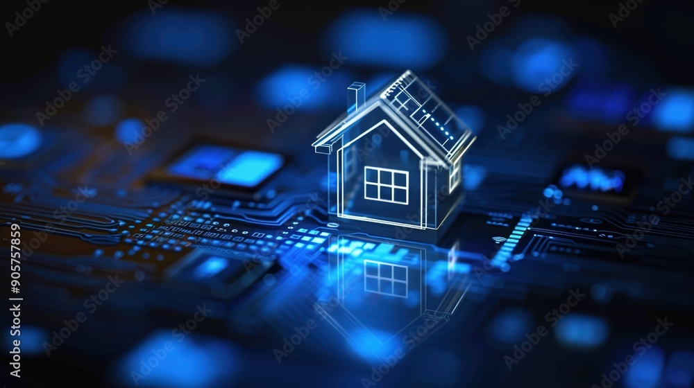 Poster futuristic smart home interface with connected appliances and controls on technology background.