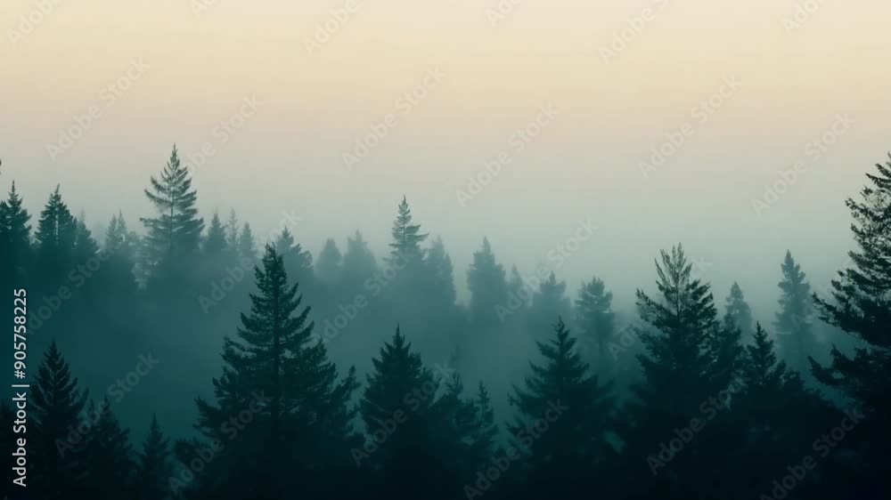 Poster a tranquil setting showcases a dense forest shrouded in fog, highlighting towering evergreen trees a