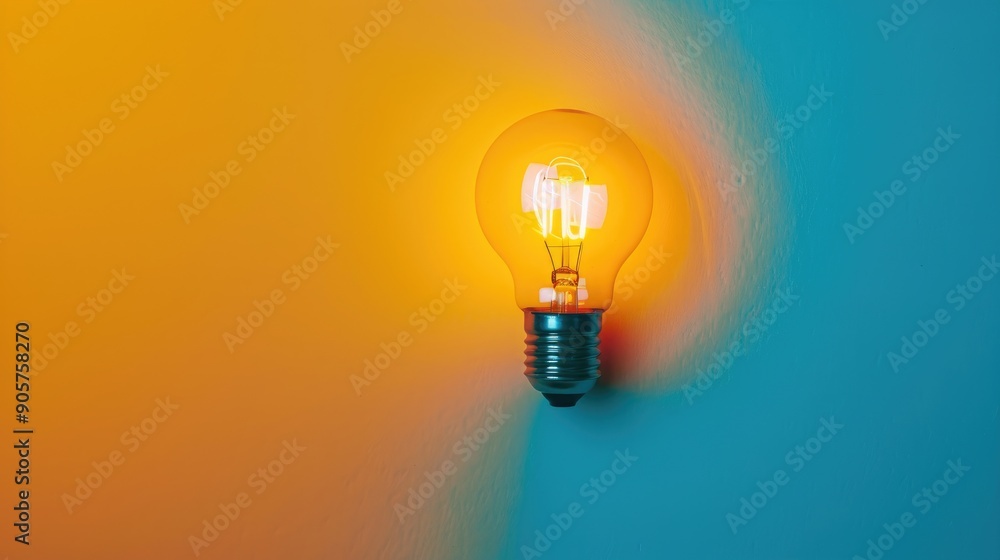 Poster a small energy efficient lamp on a bright background depicting the idea of saving energy with top do