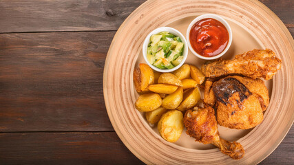 A plate with fried chicken, potato and sauce on a wooden table, ai generated