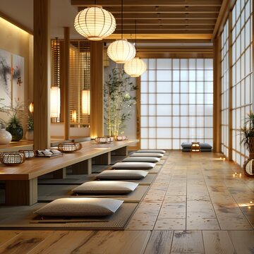 Elegant Japanese Restaurant Interior Design Reflecting Traditional Eastern Aesthetics and Modern Comfort for a Serene Dining Experience.